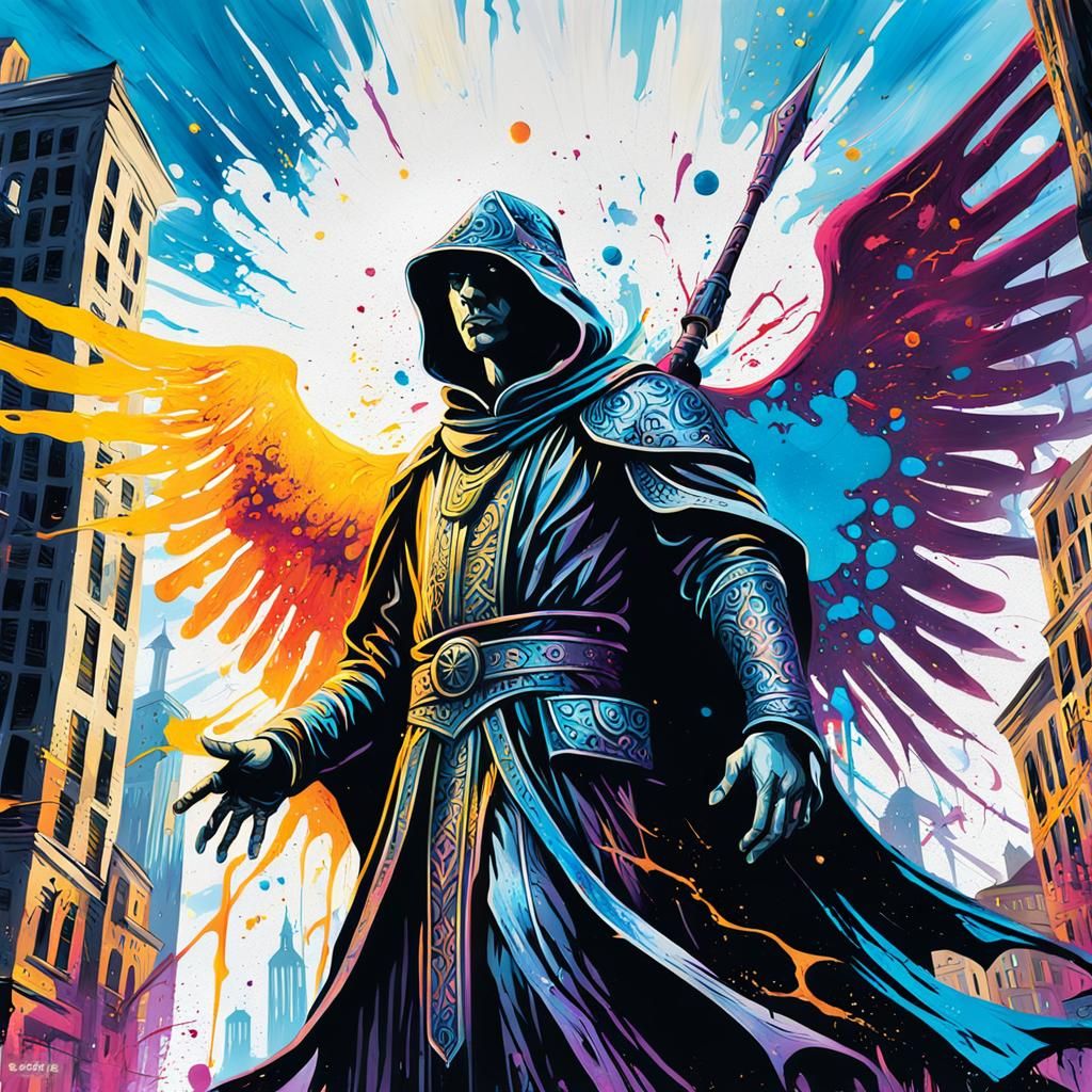 Angelic Wizard Fighting Monster in Graffiti Art