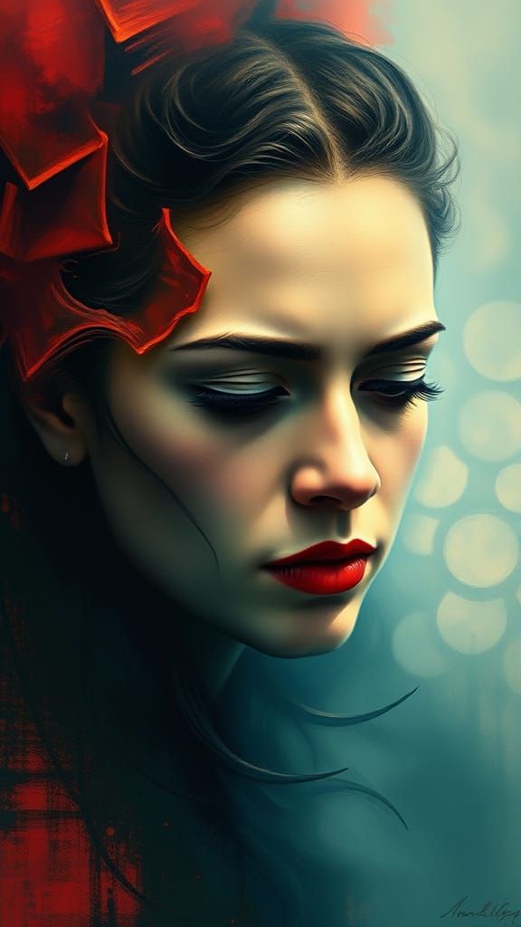 Surrealist Woman Contemplates Inner Turmoil in Vibrant Color...