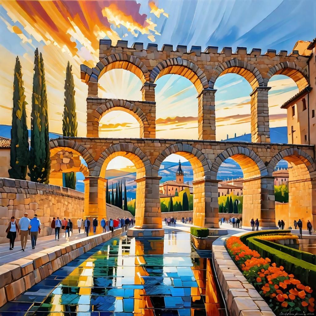 Award winning impressionist painting :: stunning perspective of Aqueduct of Segovia in Spain , pedestrians and tourist, ...
