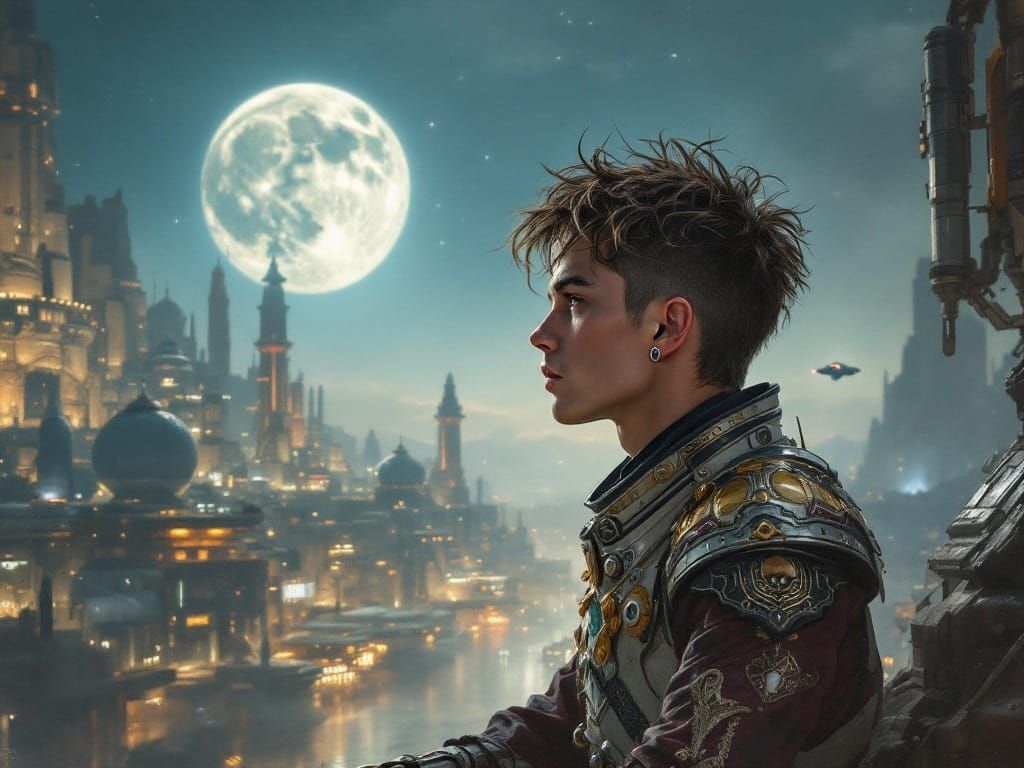 Gay Sci-Fi Prince Contemplates Spaceport in Oil Painting