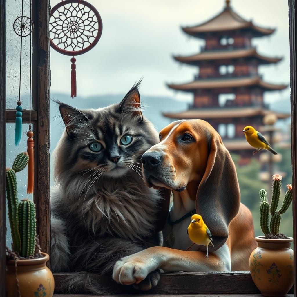 Samurai Cat and Basset Hound Embrace in Pagoda