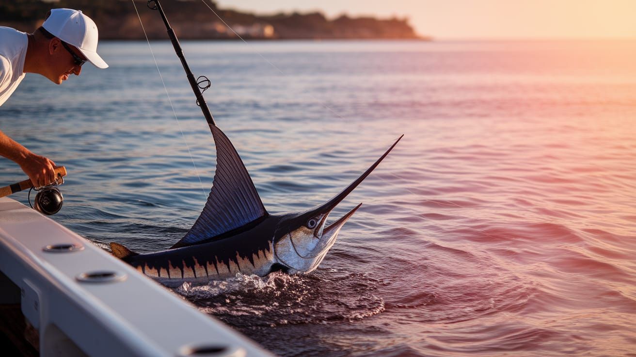 Fisherman Reels In Marlin on Charter Boat in Golden Light