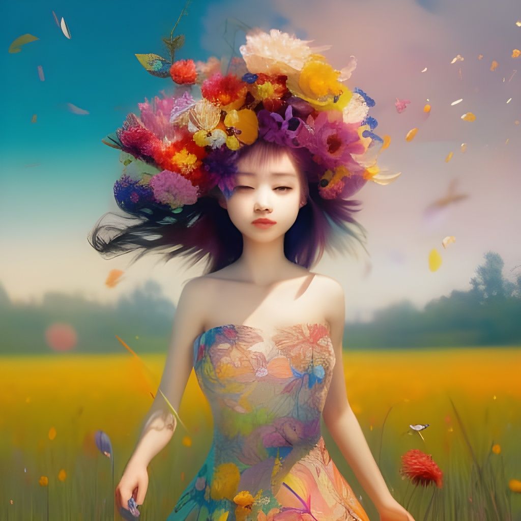 Happy Girl in Joyful Summer Meadow in Art Brut Style