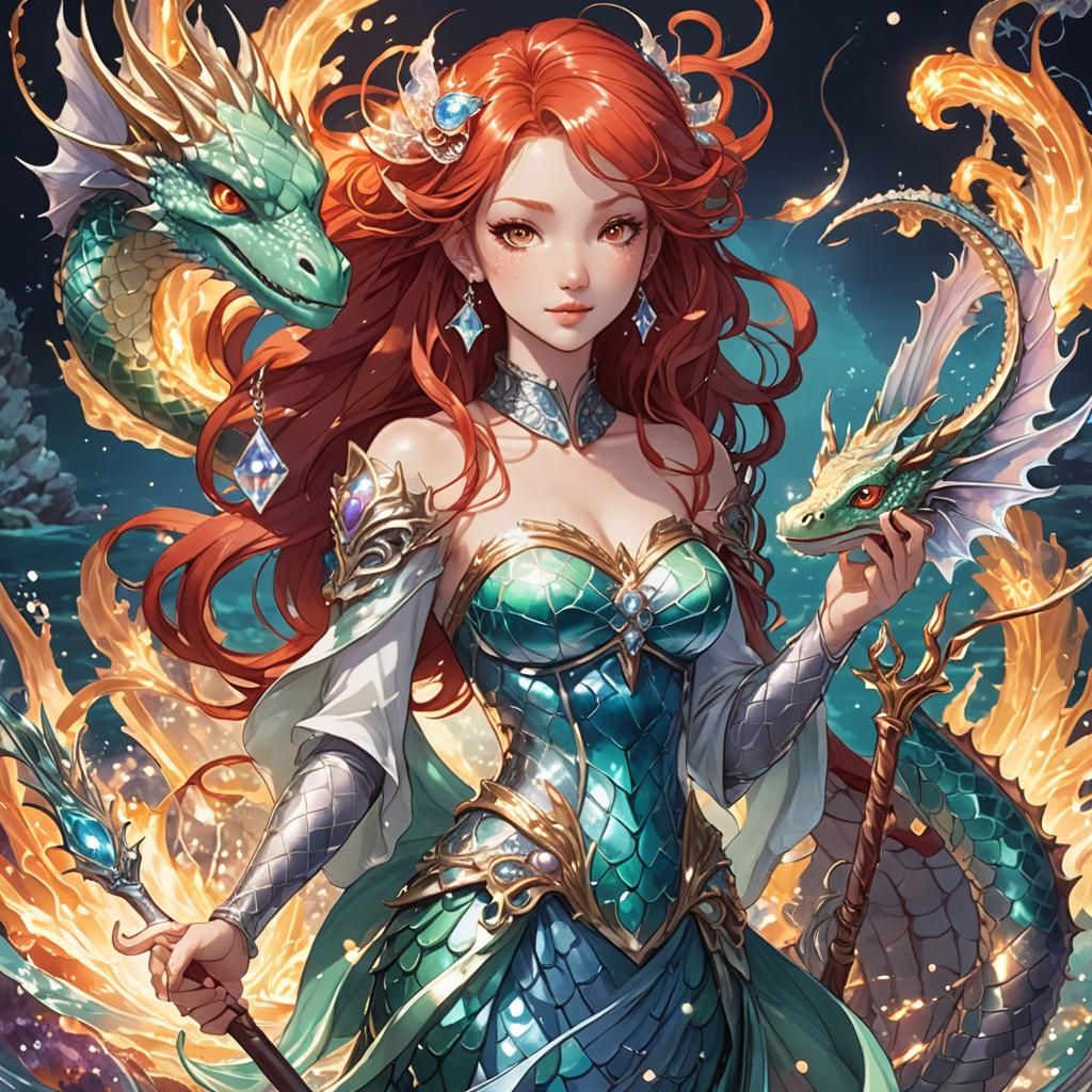 Anime Mermaid Dragon Sorceress with Baby Sea Dragon