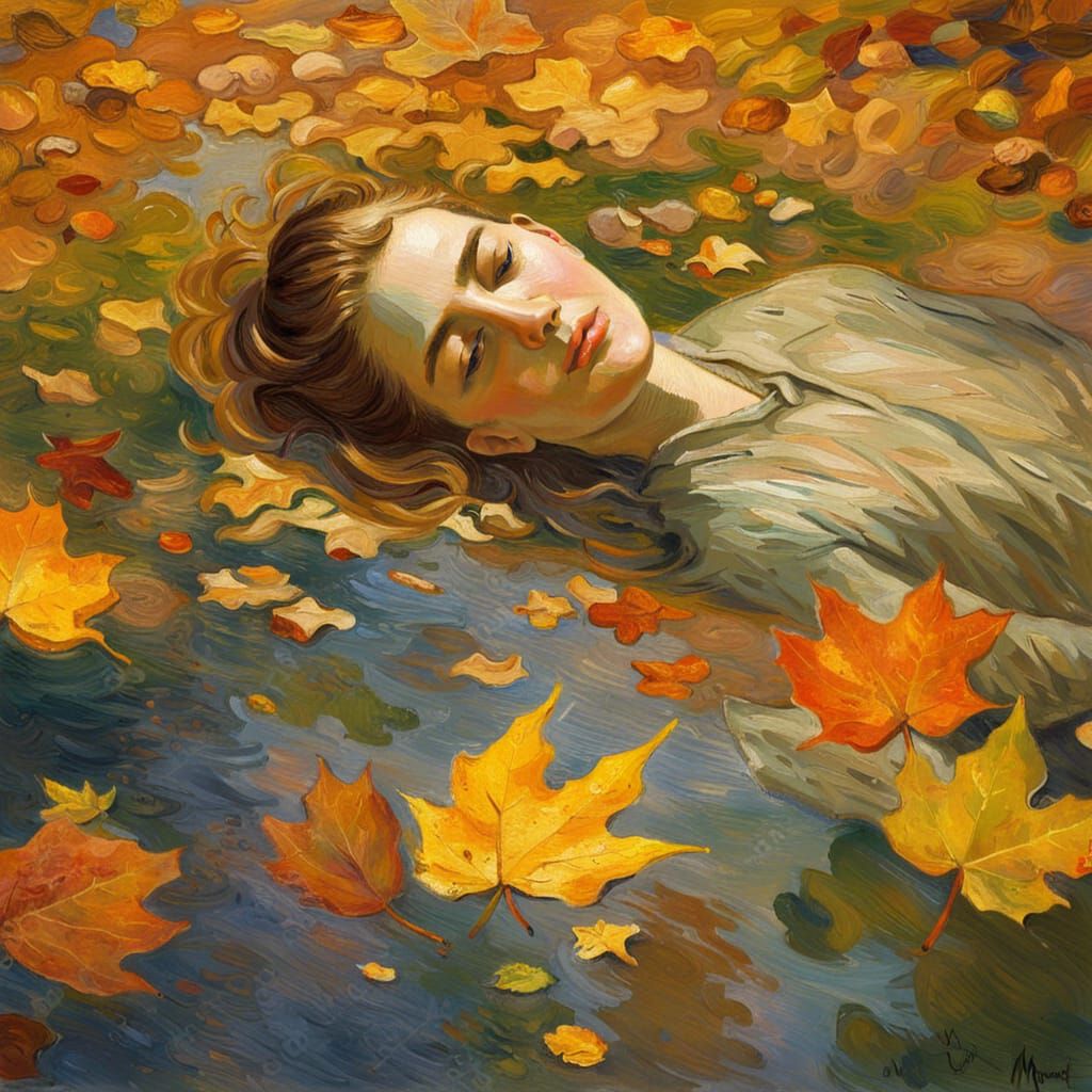 Impressionist Girl in Pond with Autumn Leaves