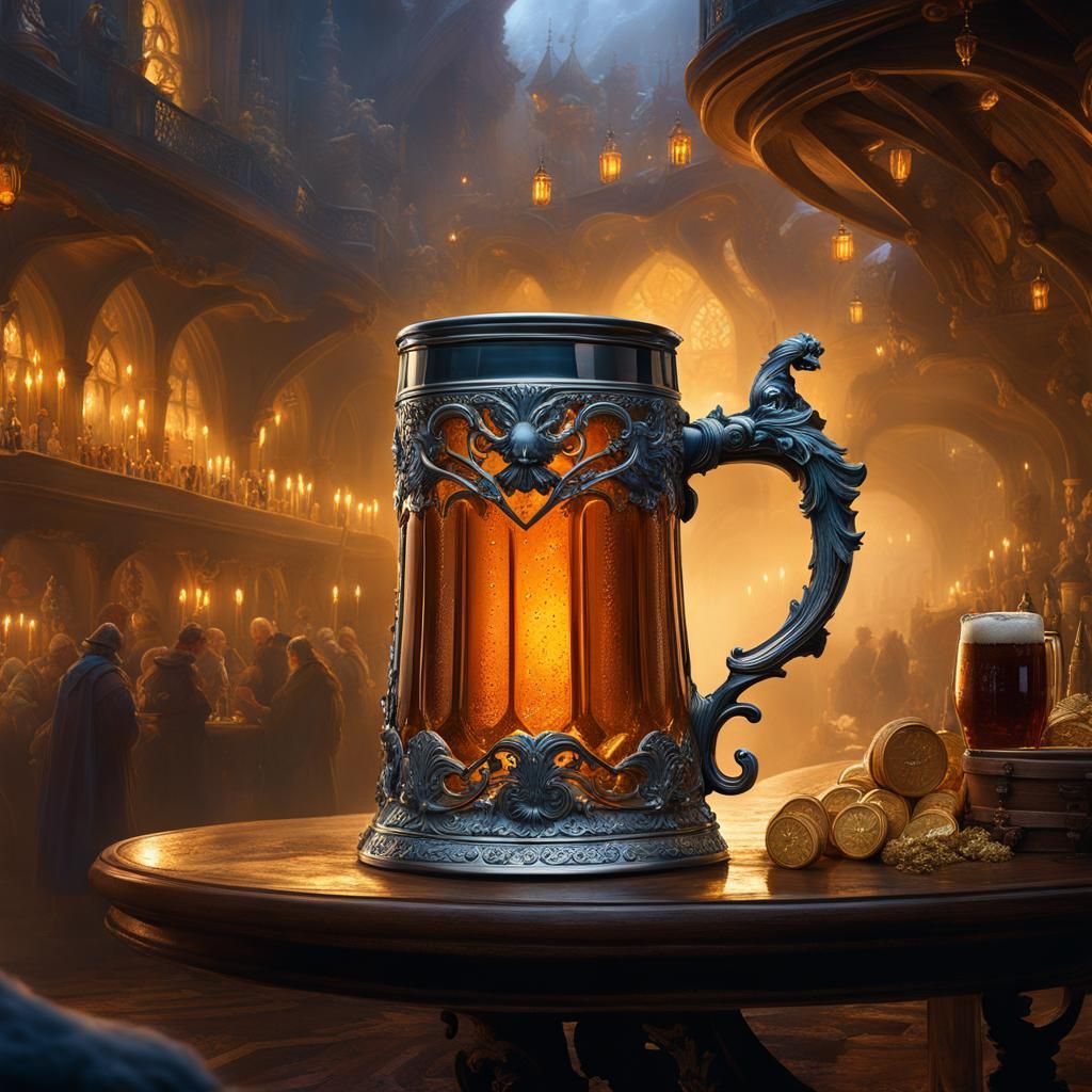 Miniature Beer Festival Emerging from Ornate Stein