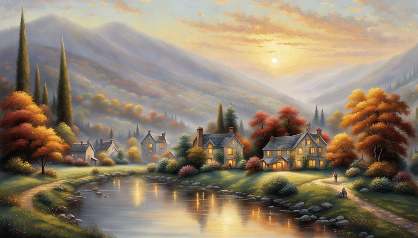 Idyllic Sunrise Village in Whimsical Impressionist Style