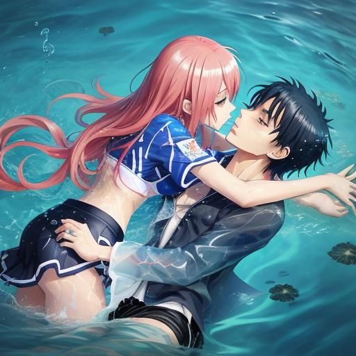 Anime Style: Girl in Wet Clothes Kissing Boy