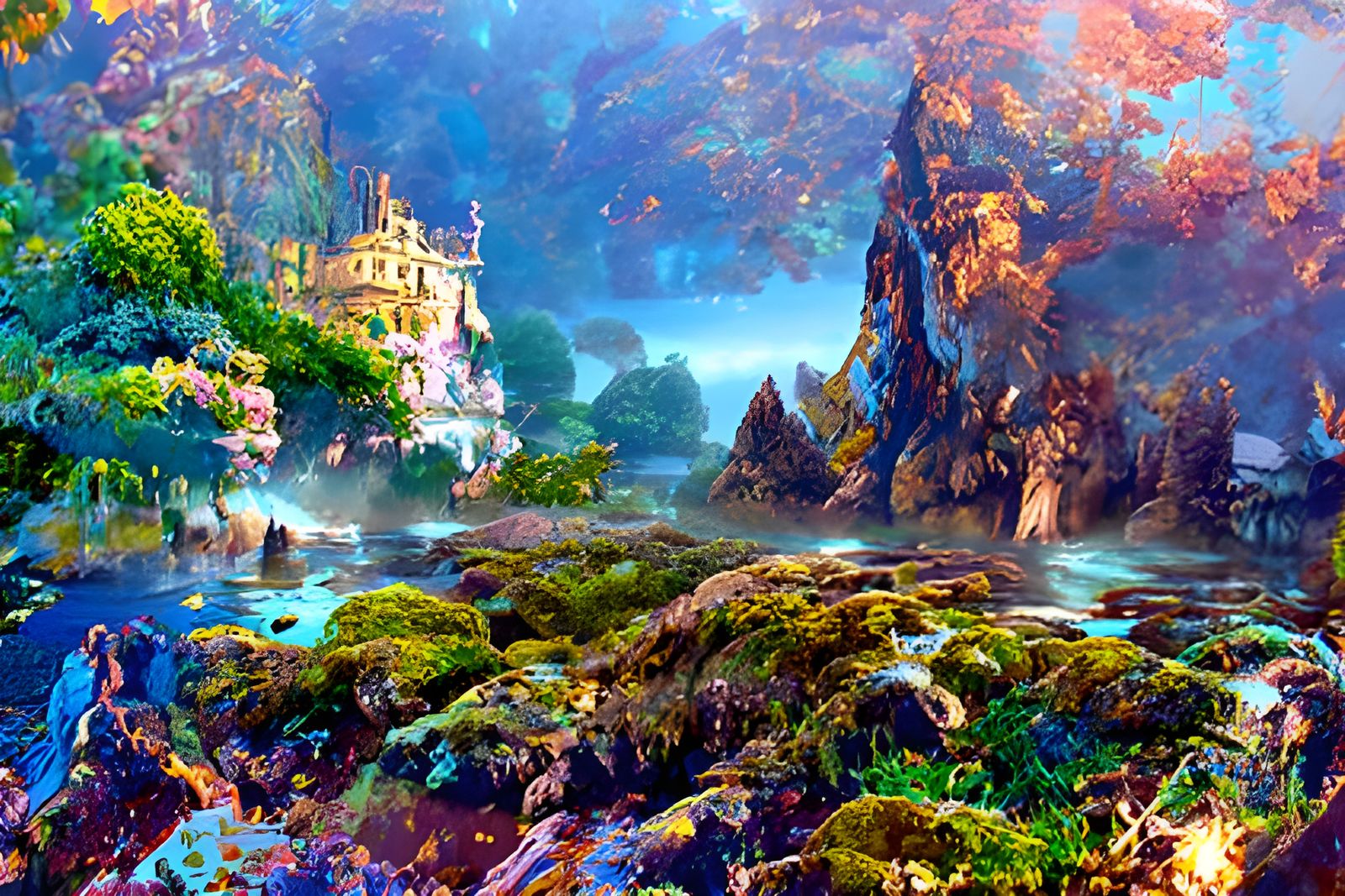 Enchanted Island Waterscape in Art Nouveau Style