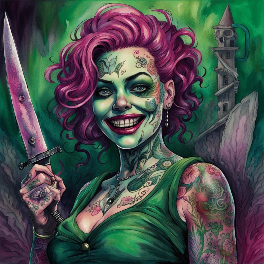 Tattooed Woman with Knife in Tim Burton Style