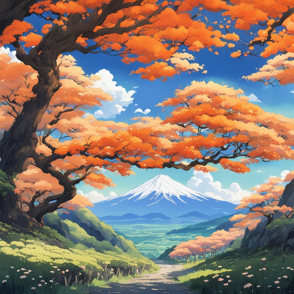 Japanese Mountain Landscape in Anime Style