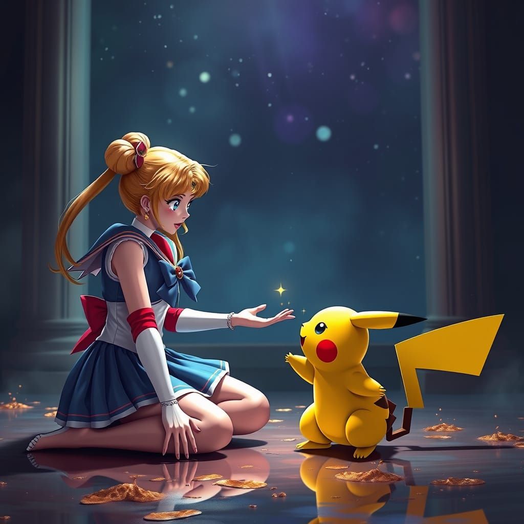 Sailor Moon Meets Pikachu in Vibrant Fantasy Art