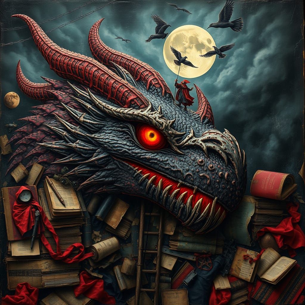 Dragon Eye Collage with Red Cloak Figure