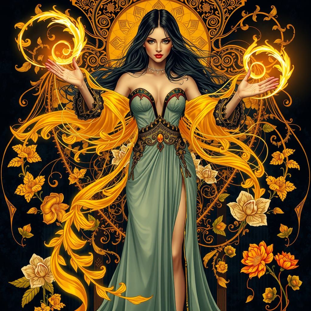 Fantasy Sorceress Weaving Magic in Art Nouveau Style