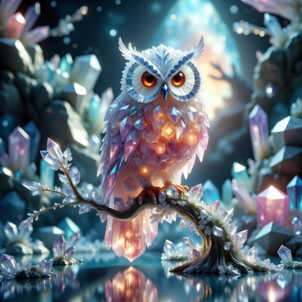 Crystal Owl Perched on Glass Tree Branch in Sci-Fi 3D Render