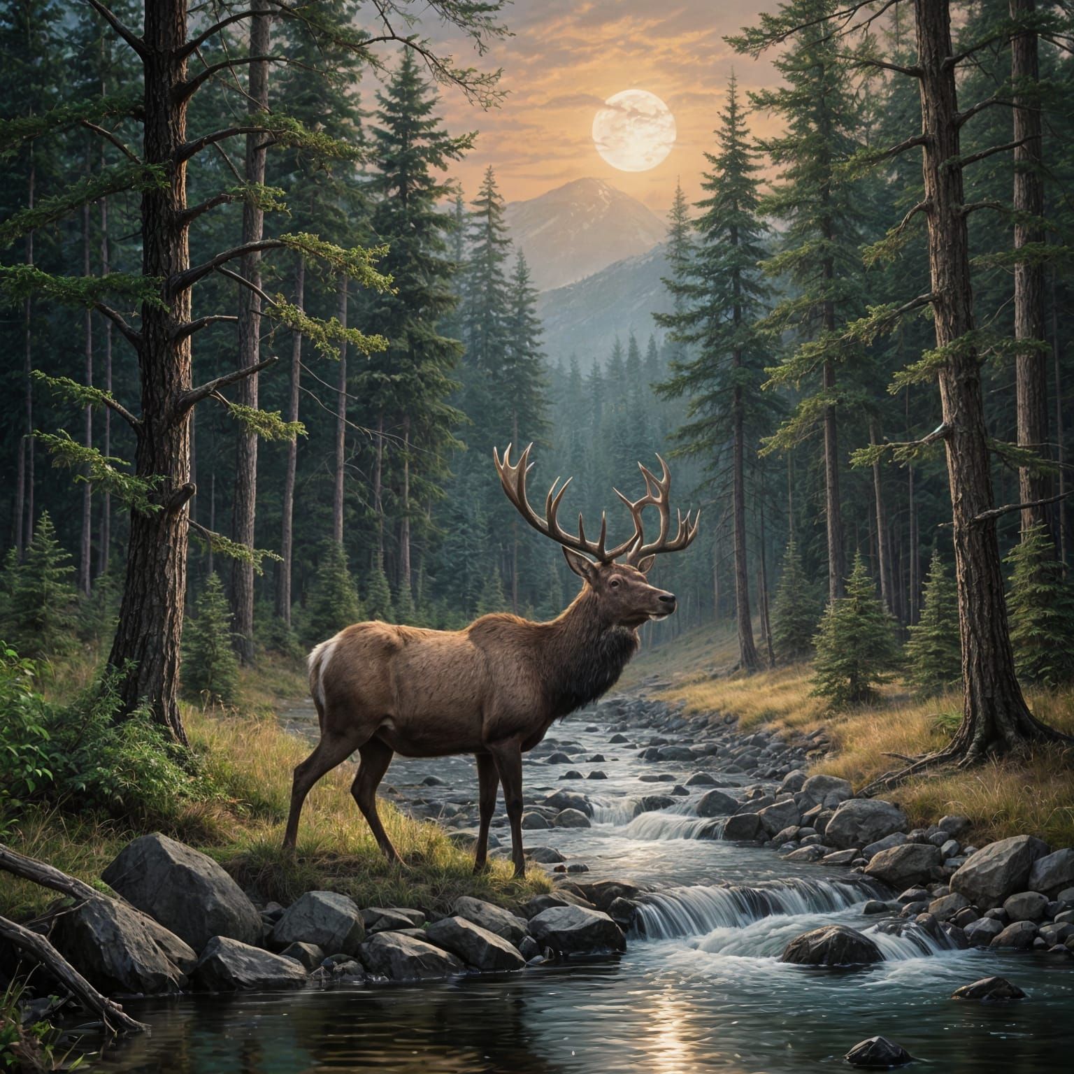 Moonlit Elk in Serene Forest Landscape