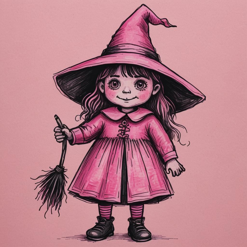 Pink Witch Crayon Drawing in Childlike Style