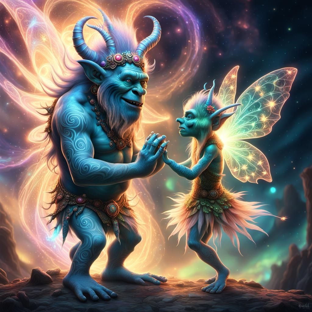 A love-struck troll offers his hand to dance a fairy troll