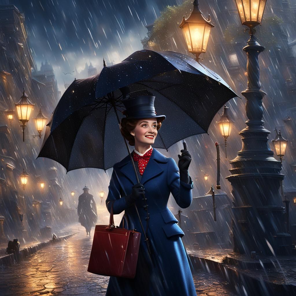 Mary Poppins in Magic Rain with Black Cat