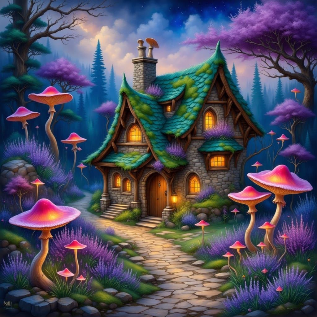 Magical Forest Cottage with Bioluminescent Mushrooms