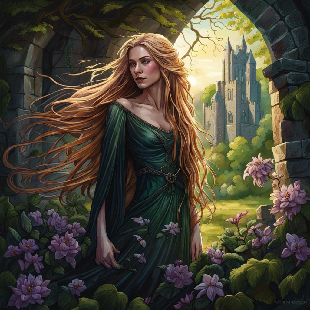 Gaelic Elf Woman in Ruined Castle, Comic Book Art