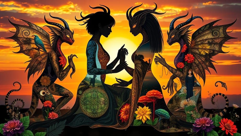 Surreal Collage of Mystical Creatures Amidst Vibrant Fantasy...