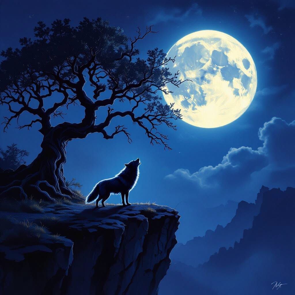 Glowing Wolf Howling at Moon on Cliff Edge