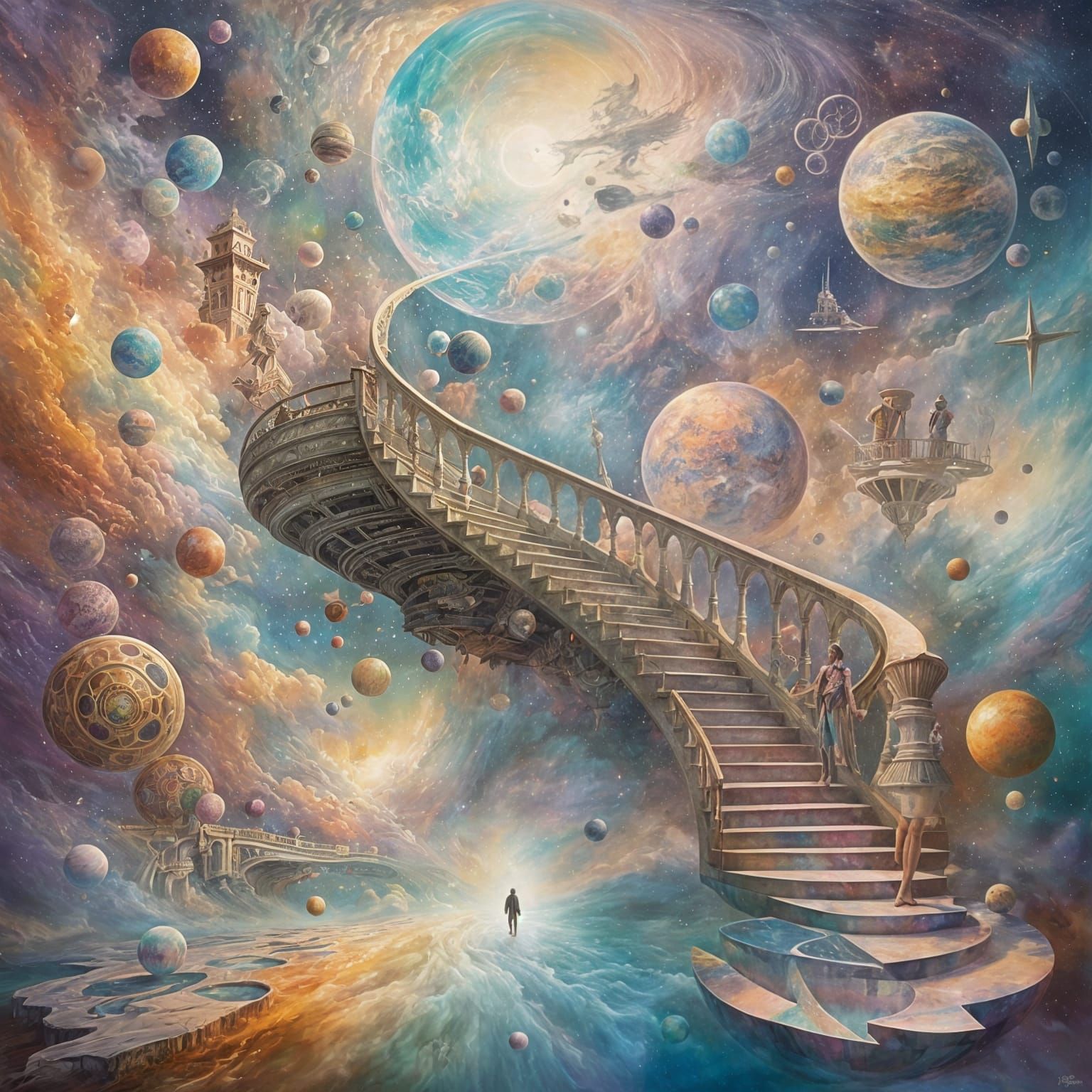 Dreamlike Figure in Pastel Geometric Cosmos