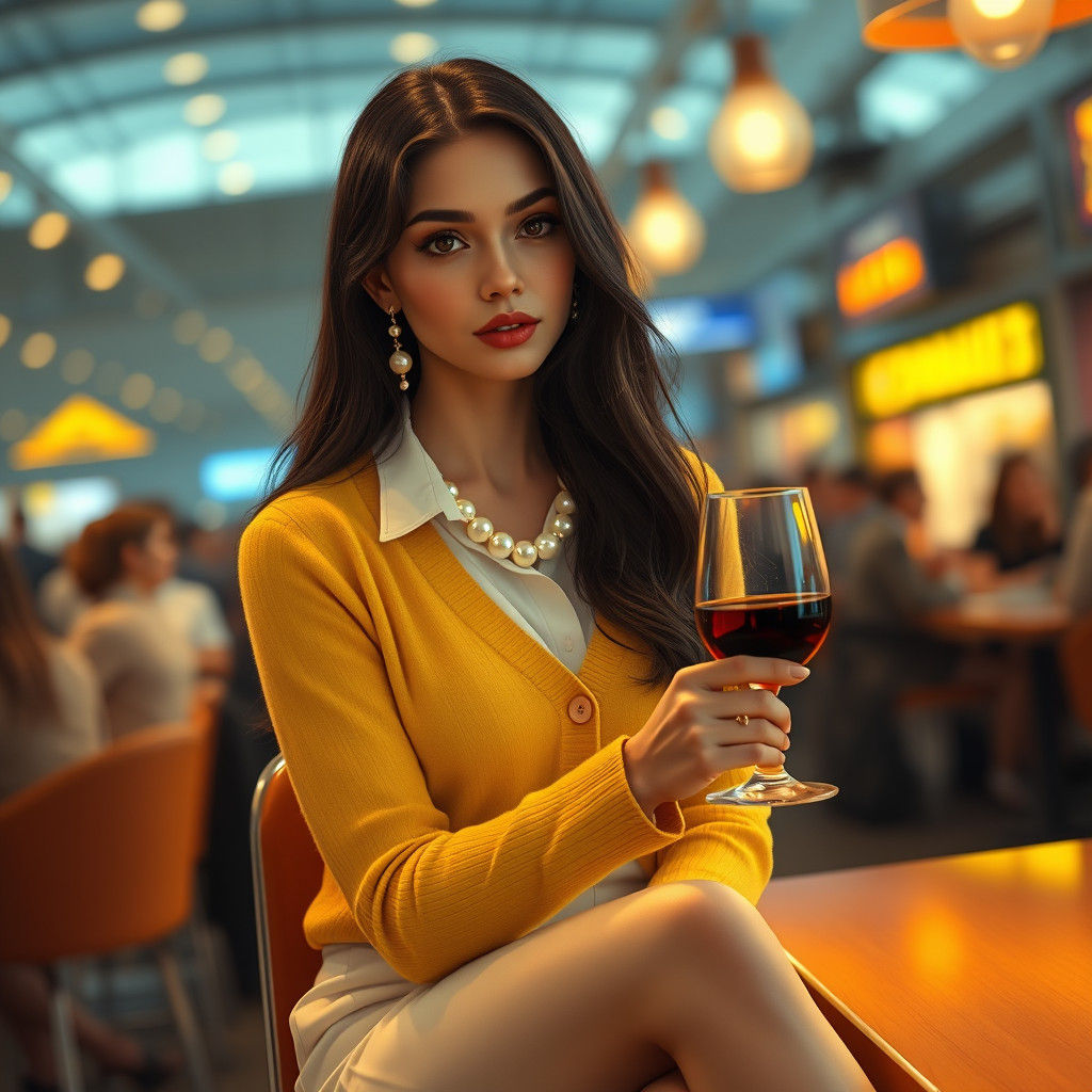 Brunette in Yellow Cardigan at Airport Bar