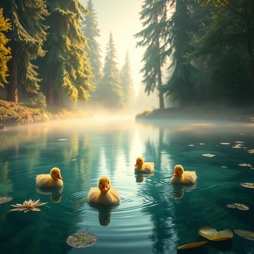 Whimsical Waterfowl in a Fantastical Lake Landscape