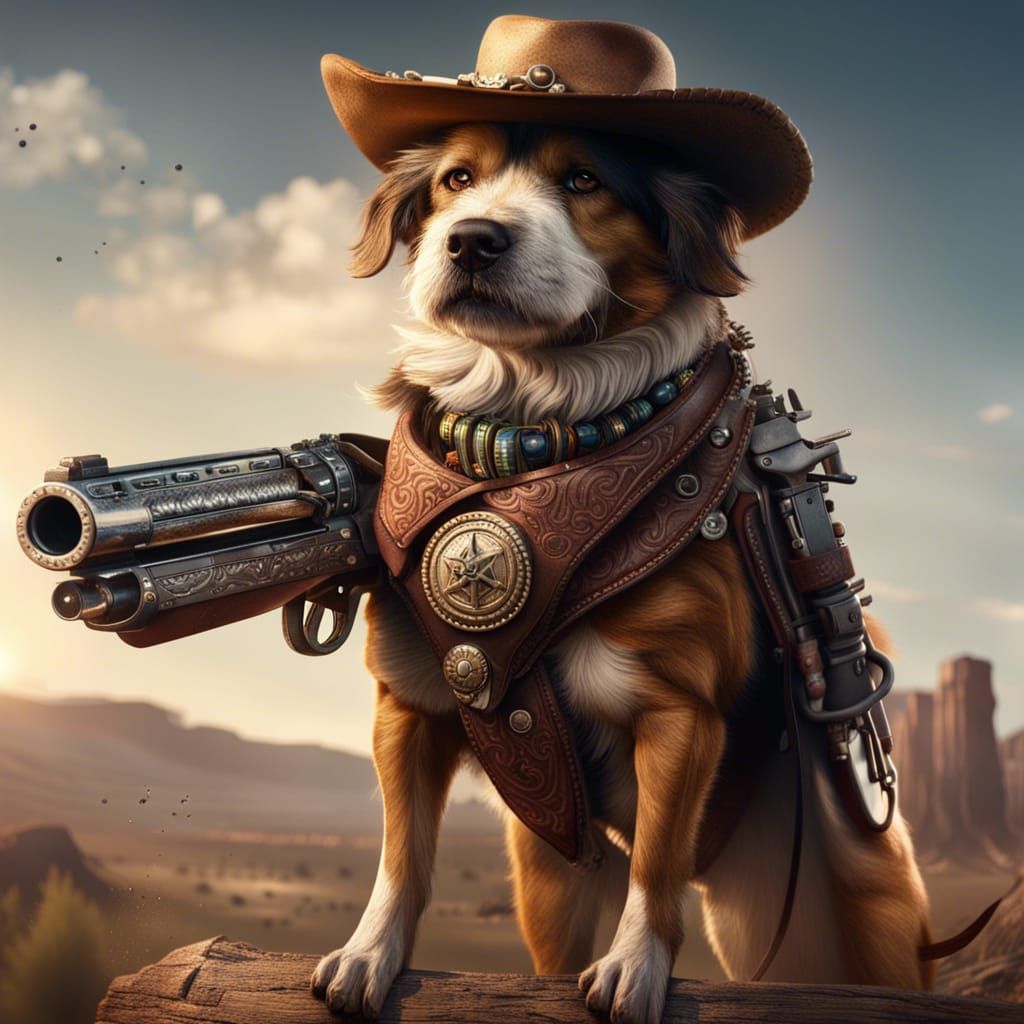 Cowboy Dog with Six-Shooter in Western Scene