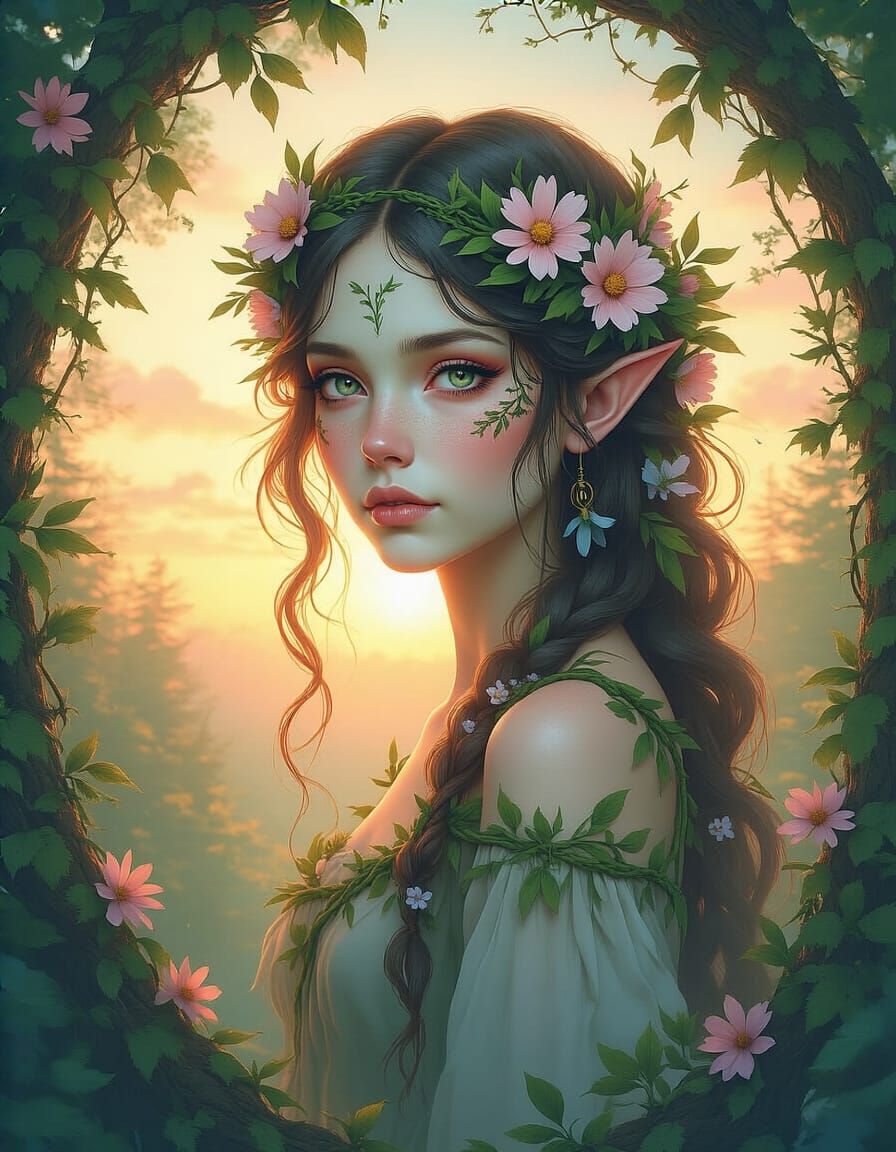 Ethereal Forest Spirit Digital Watercolor Portrait