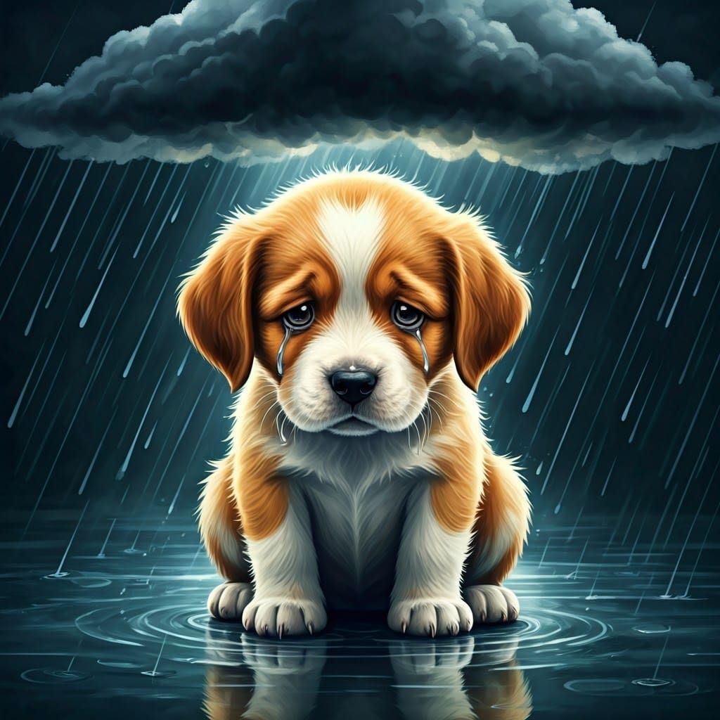 Sad Puppy in Rain: Photorealistic Watercolor Painting