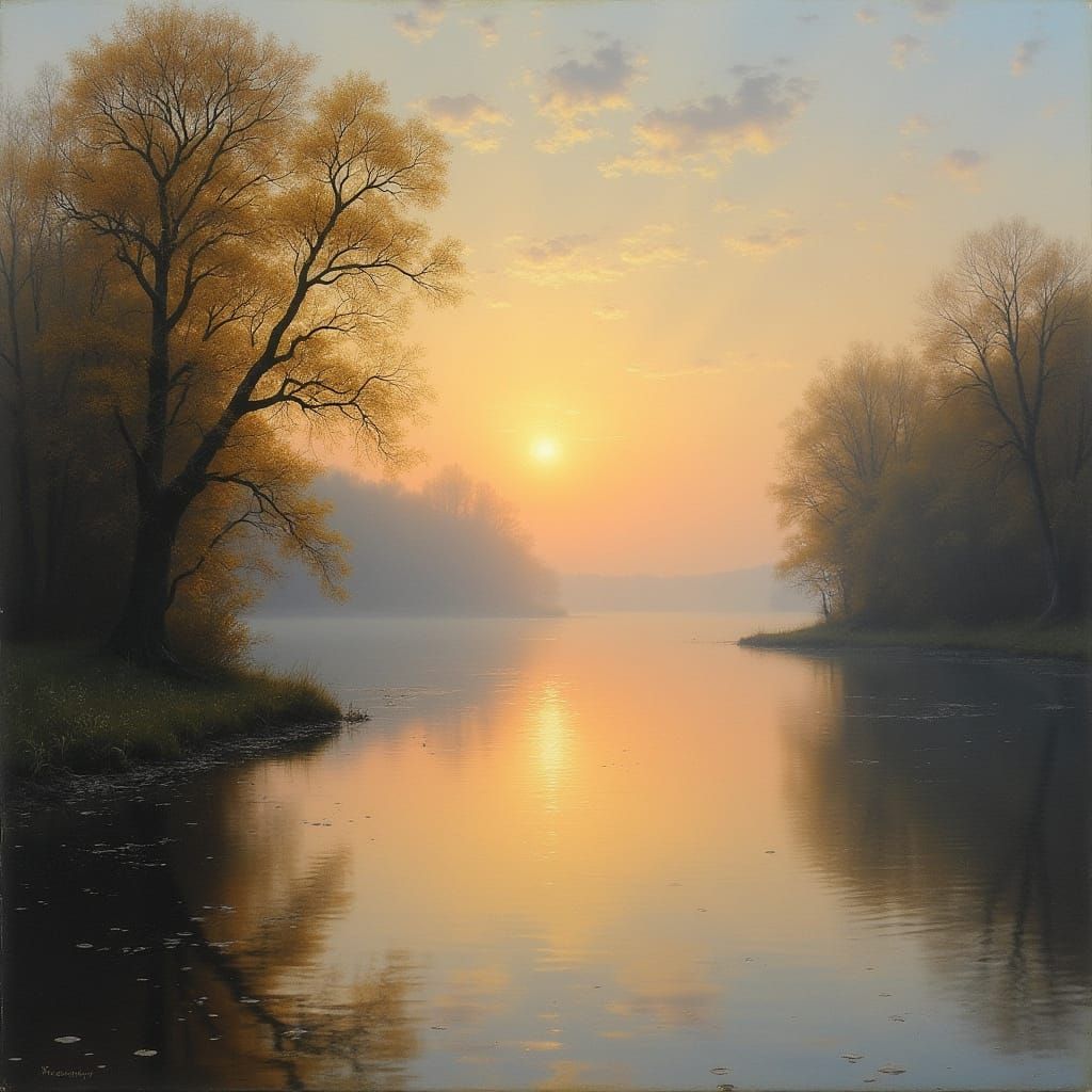 Tranquil Rhine Valley Sunrise: Romantic Landscape Art