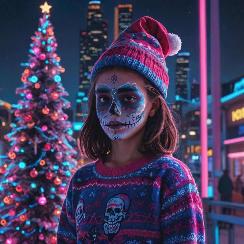 Synthwave Girl with Sugar Skull in Neon City
