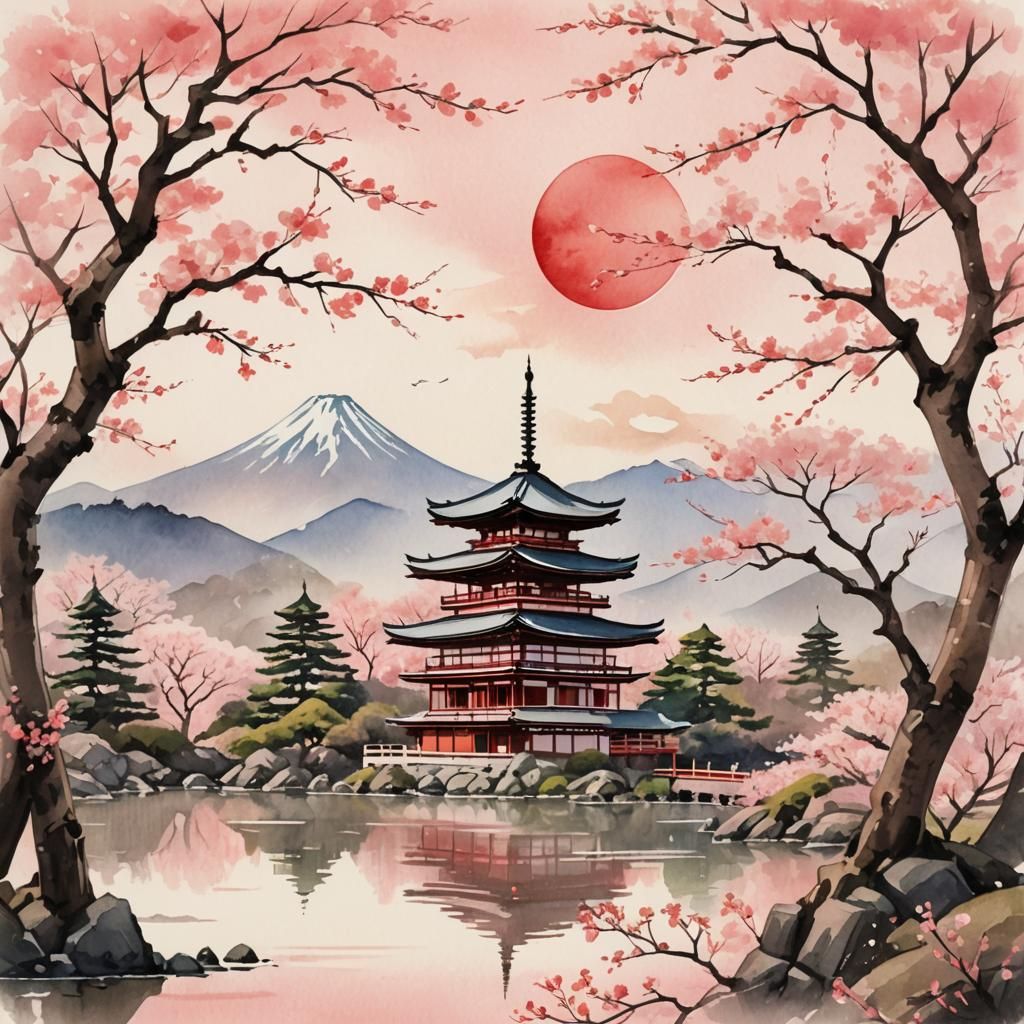 Serene Japanese Landscape with Pagoda in Watercolor Style