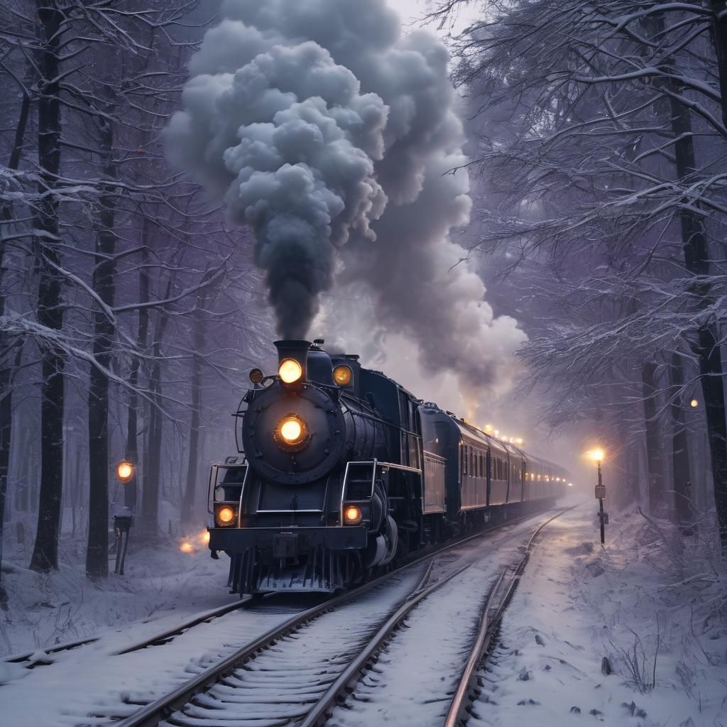 Mystical Steam Locomotive Speeds through a Snowy Forest in D...