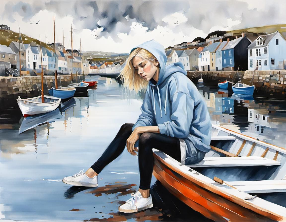 Boy in Boat at Cornwall Harbor, Acrylic Painting