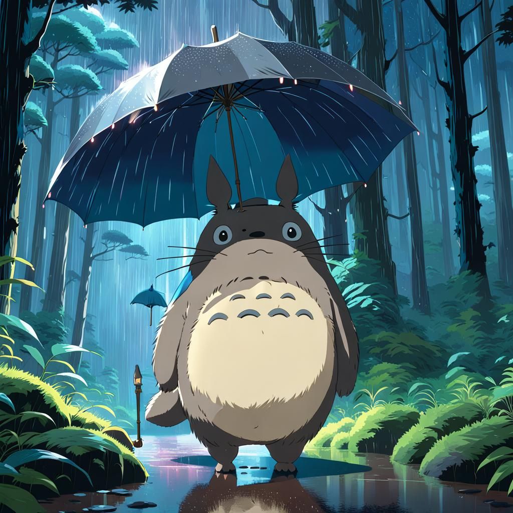 Totoro in Rainy Forest, Ghibli Anime Style