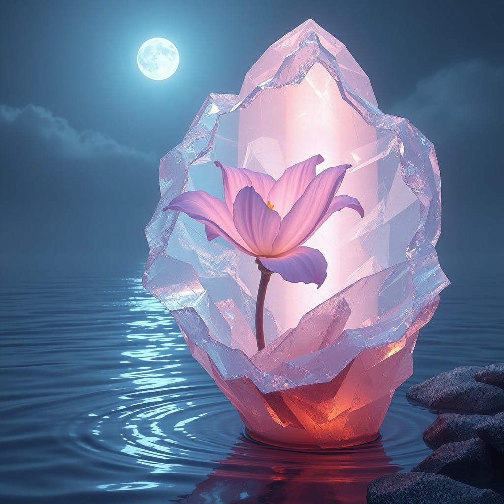 Suspended Crystal Flower in Moonlit River Scene