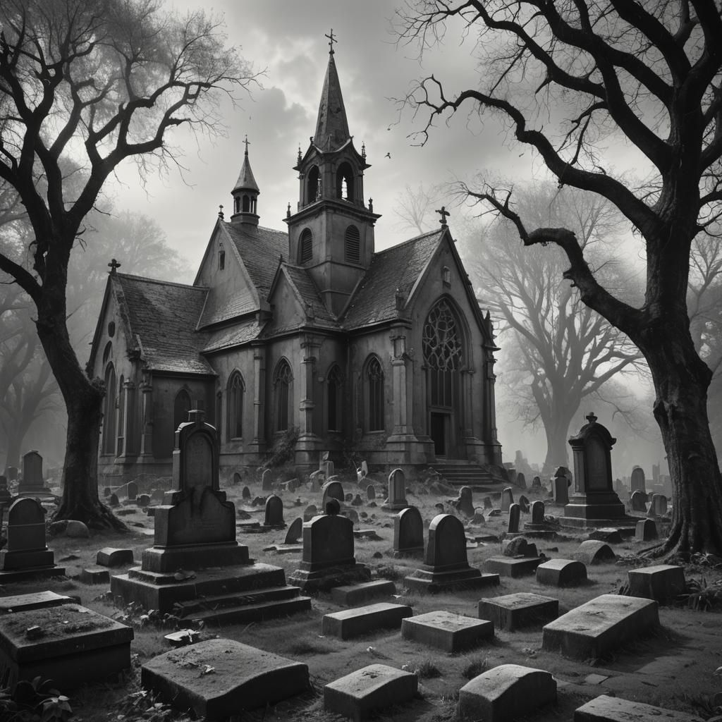 Damaged Church in Graveyard: Black and White Gothic
