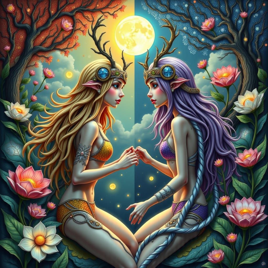 Surreal Goddesses Embody Sun and Moon at Dusk