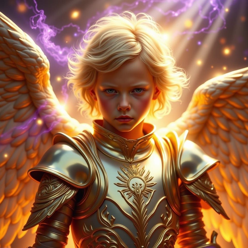 Majestic Dark Fantasy Angel in Vibrant Gold Armor