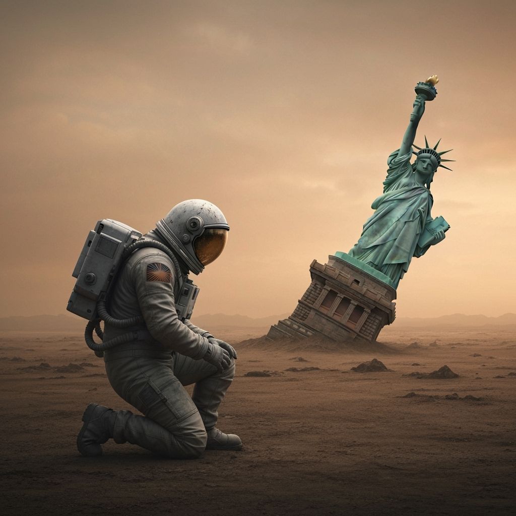 Grieving Astronaut in Post-Apocalyptic Earth Landscape