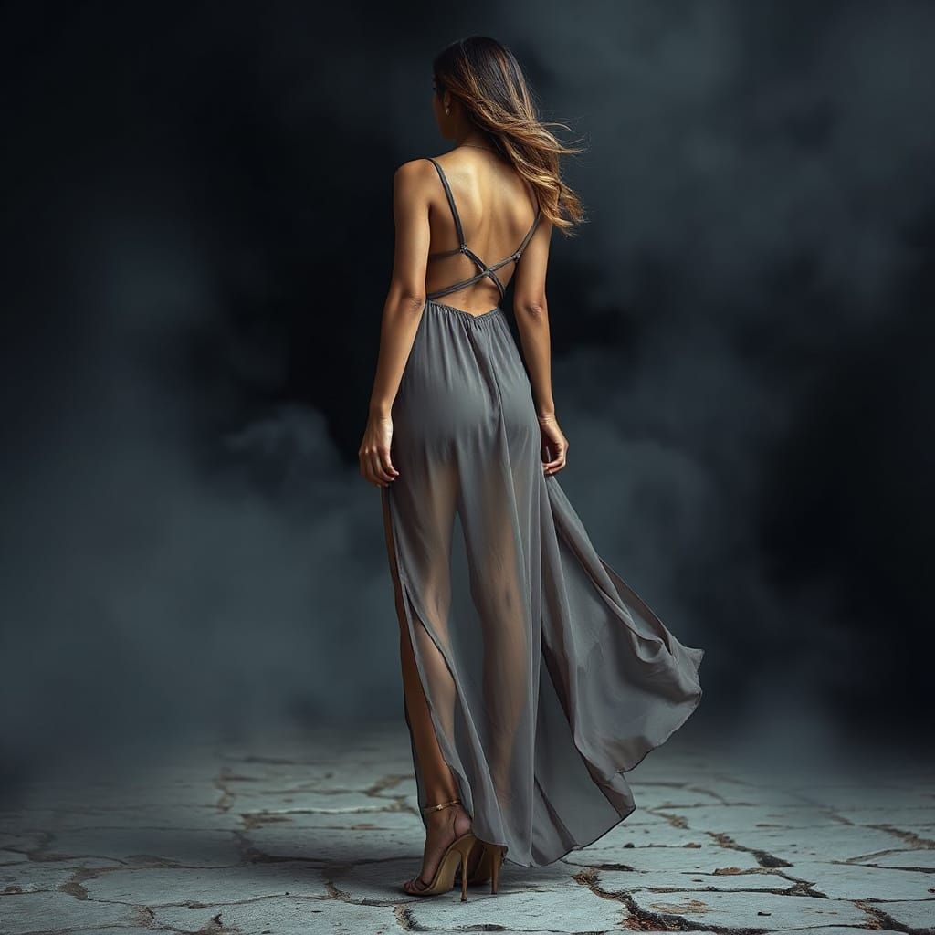 Ethereal Indian Woman in Flowing Gray Dress