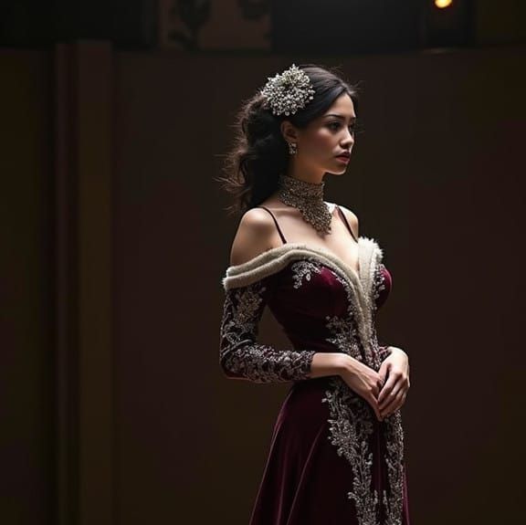 Elegant Woman in Purple Velvet Gown on Stage