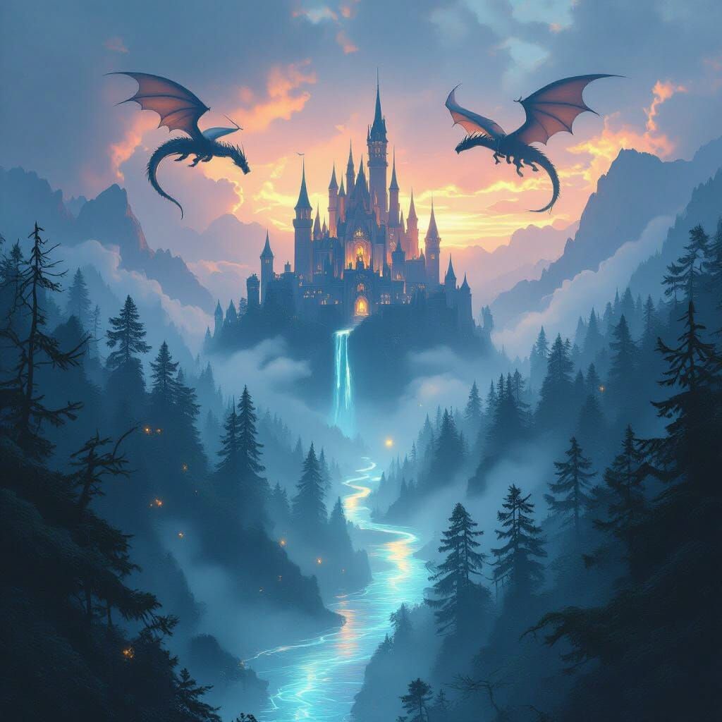 Floating Castle Above Misty Forest: Epic Fantasy Art