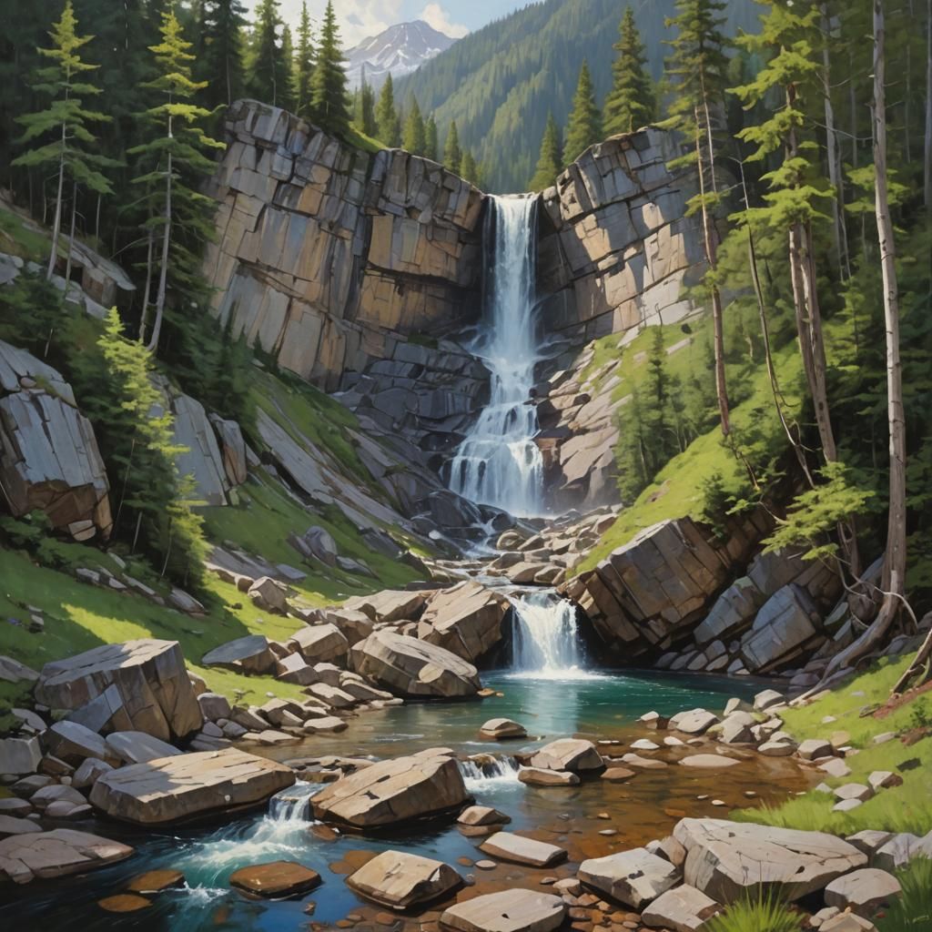Mountainside Waterfall Lake in Oil Painting Style