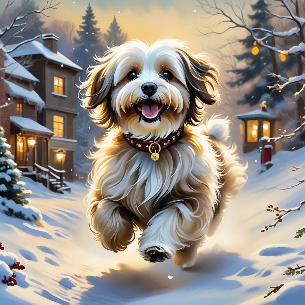 Havanese Dog in Winter Christmas Scene