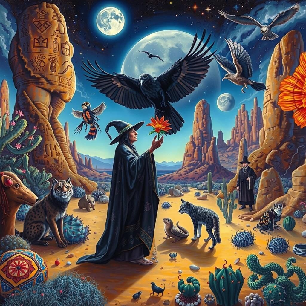 Yaqui Brujo Offering Flowers in Surreal Desert Scene